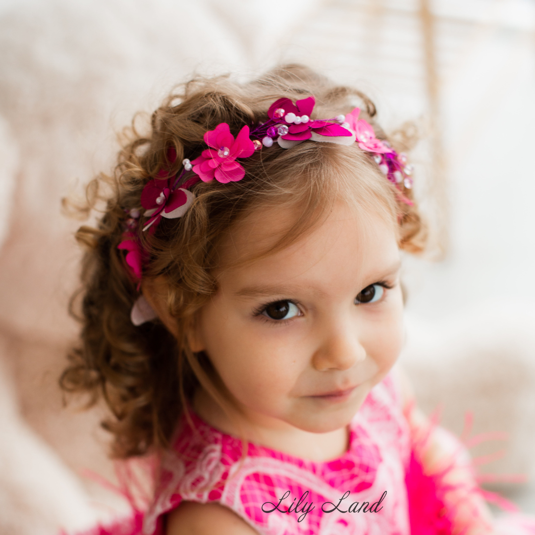 Girl Headband with Flowers and Butterflies in Fuchsia