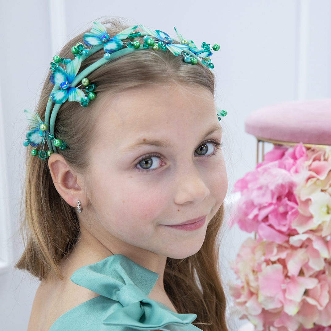 Girl Headband with Butterflies and Beads in Blue