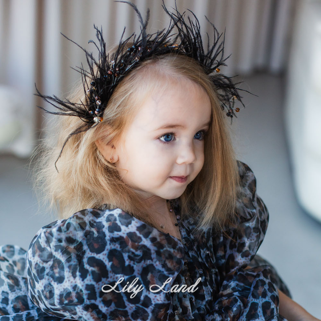 Girl Hair Hoop With Black Ostrich Feather and Beads