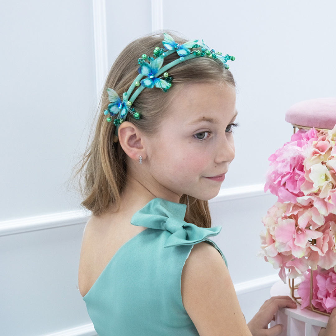 Girl Headband with Butterflies and Beads in Blue