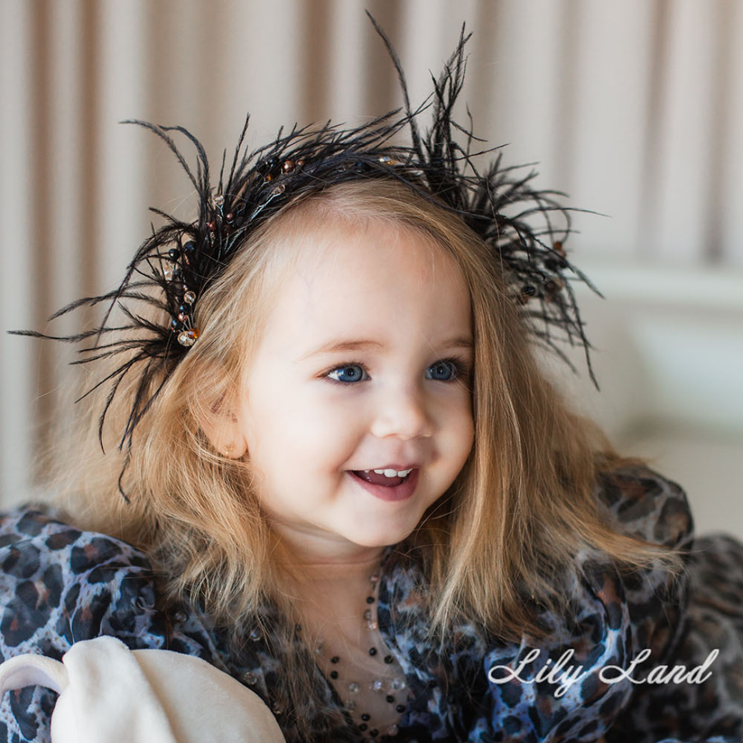 Girl Hair Hoop With Black Ostrich Feather and Beads