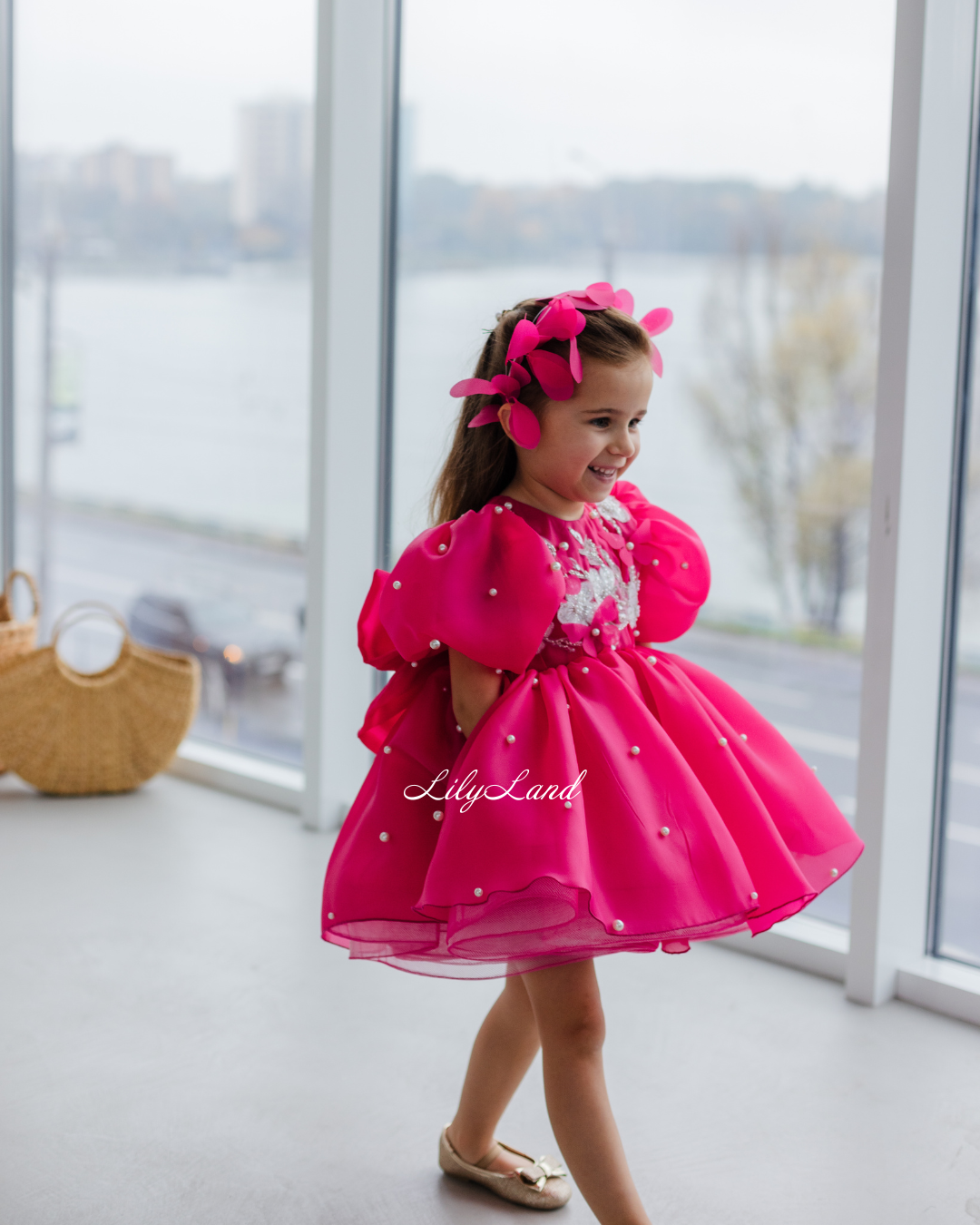 Mia Baby Girl Dress with Floral Appliqué in Raspberry