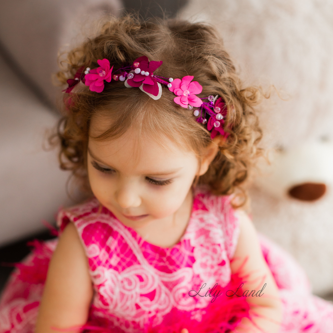 Girl Headband with Flowers and Butterflies in Fuchsia