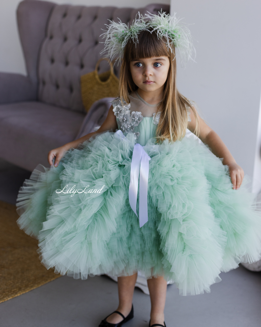 Lel Girl Ruffles Dress in Sage Green with Flower Lace