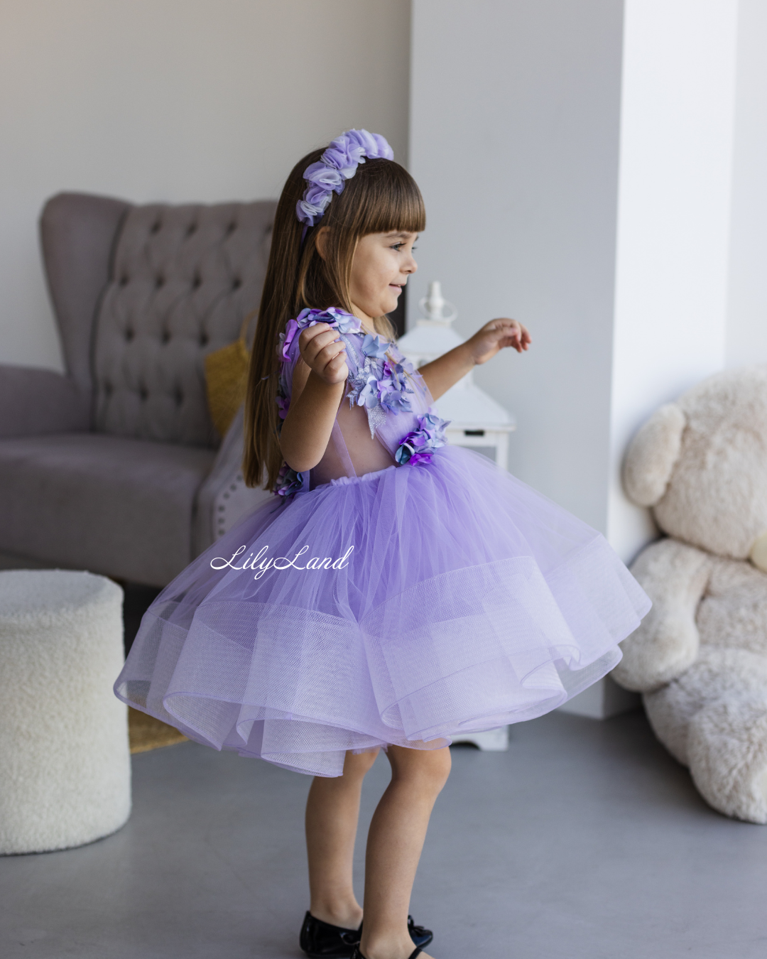 Hawaii Girls Dress with Purple Flower Lace in Lavender