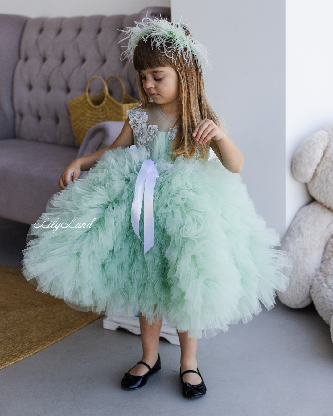 Lel Girl Ruffles Dress in Sage Green with Flower Lace