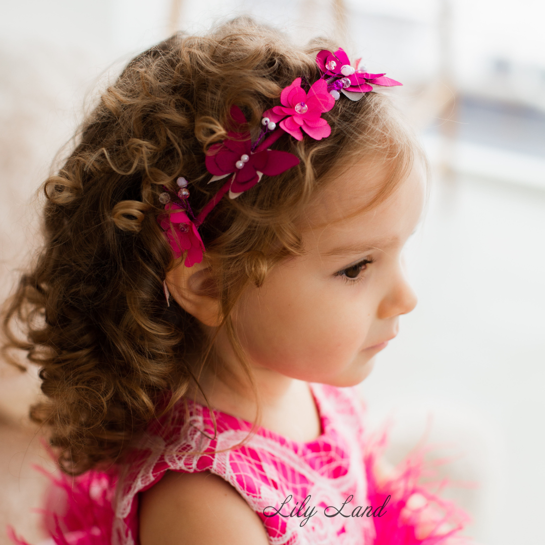 Girl Headband with Flowers and Butterflies in Fuchsia
