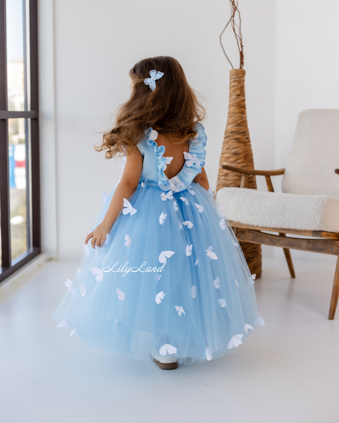 Fleur Girl Long Dress with Butterflies in Blue