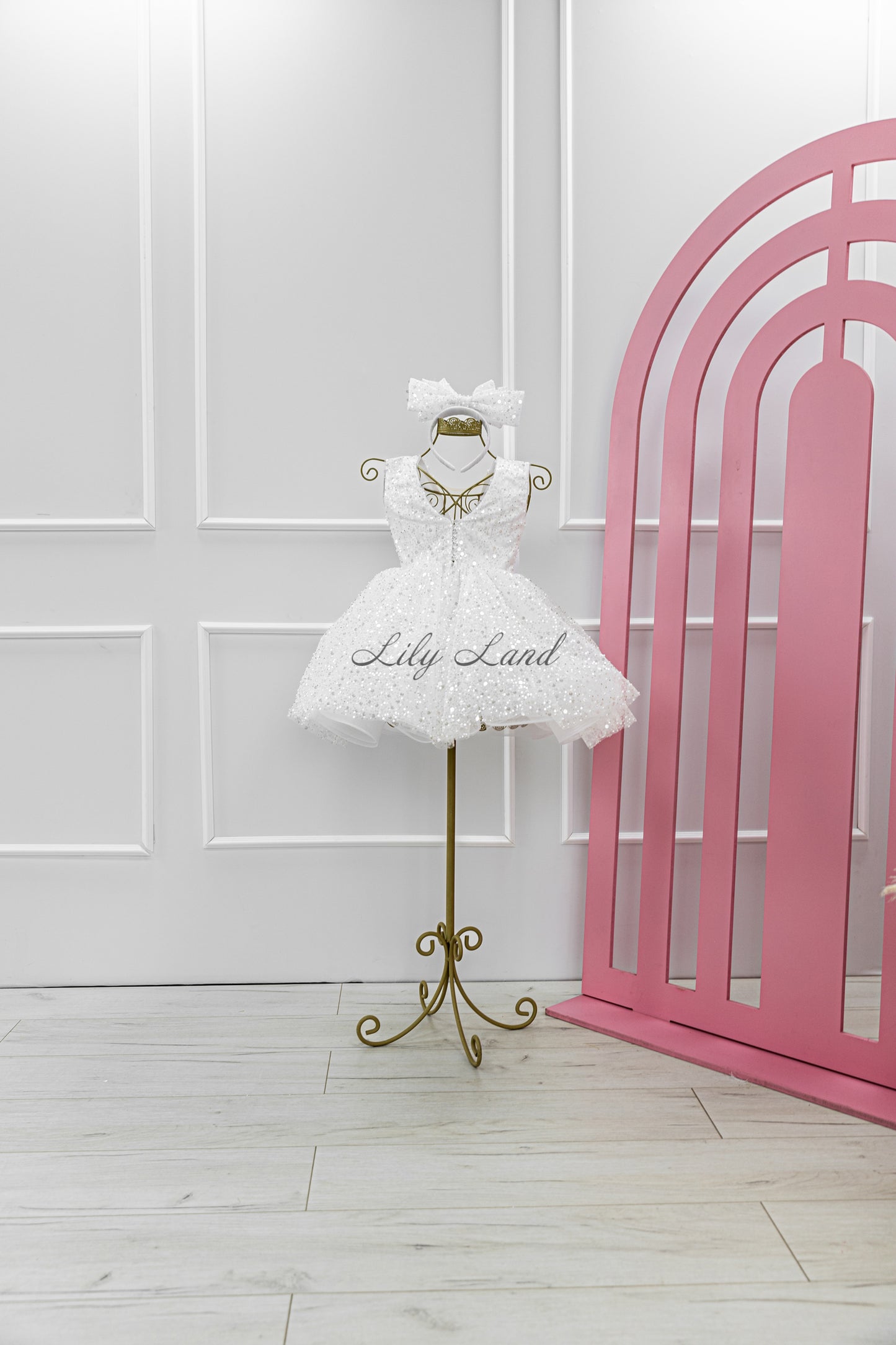 Celeste Girl Dress in White with a Mesh of Beads and Sequins
