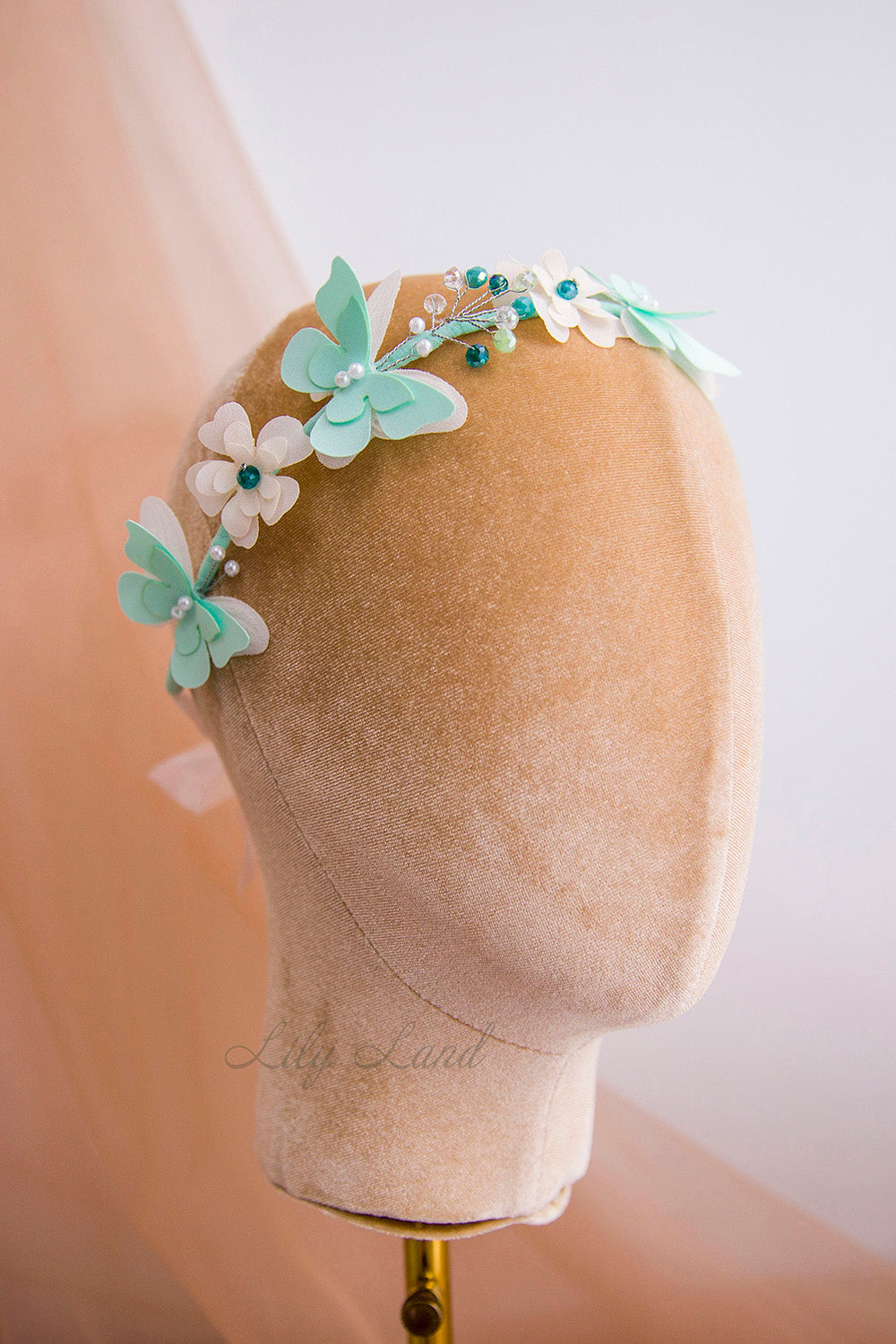 Girl Headband with Flowers and Butterflies in Fuchsia