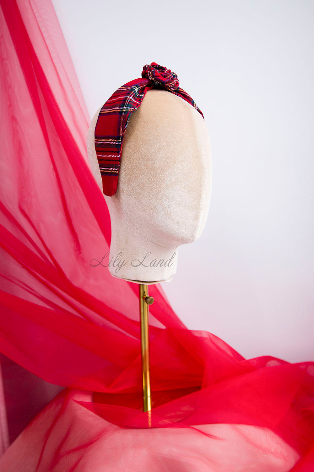 Tartan Plaid Christmas Girl Headband in Red with Rose