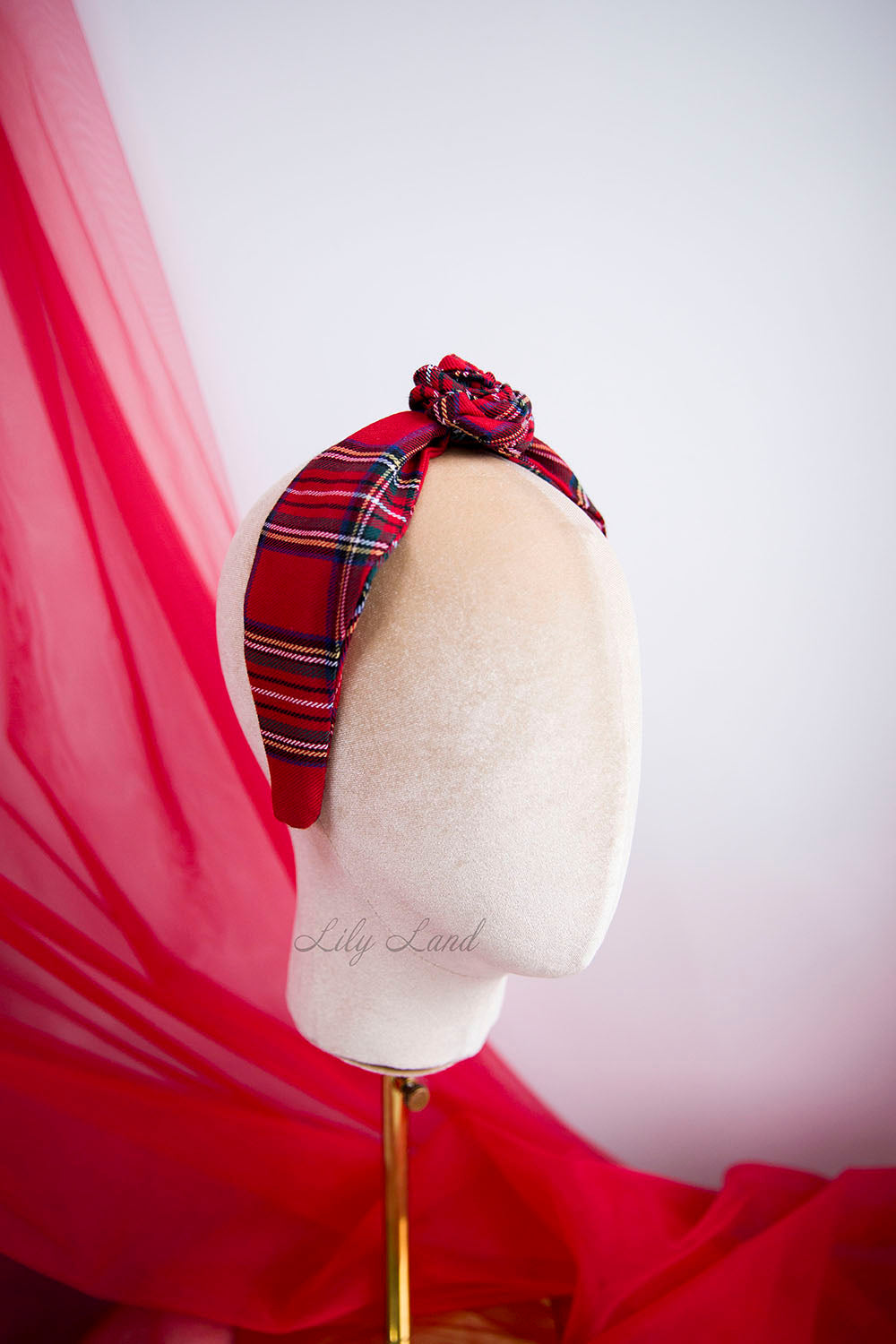 Tartan Plaid Christmas Girl Headband in Red with Rose
