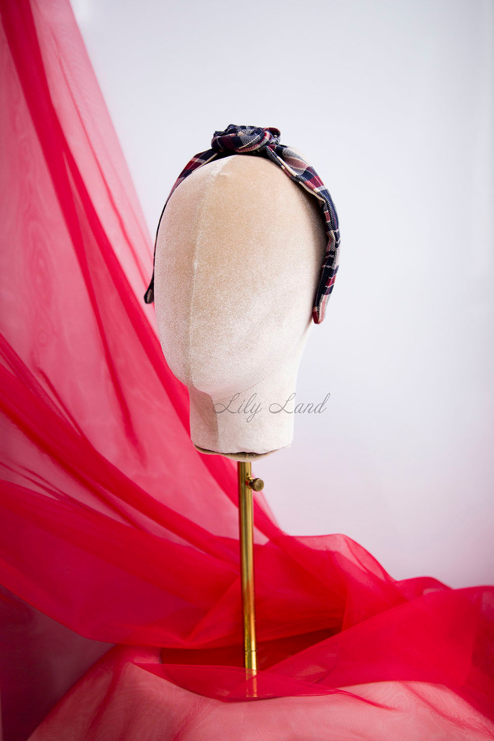 Tartan Plaid Christmas Girl Headband in Red with Rose
