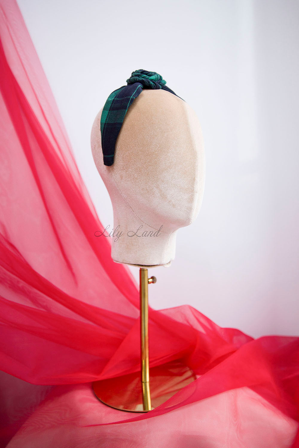 Tartan Plaid Christmas Girl Headband in Red with Rose