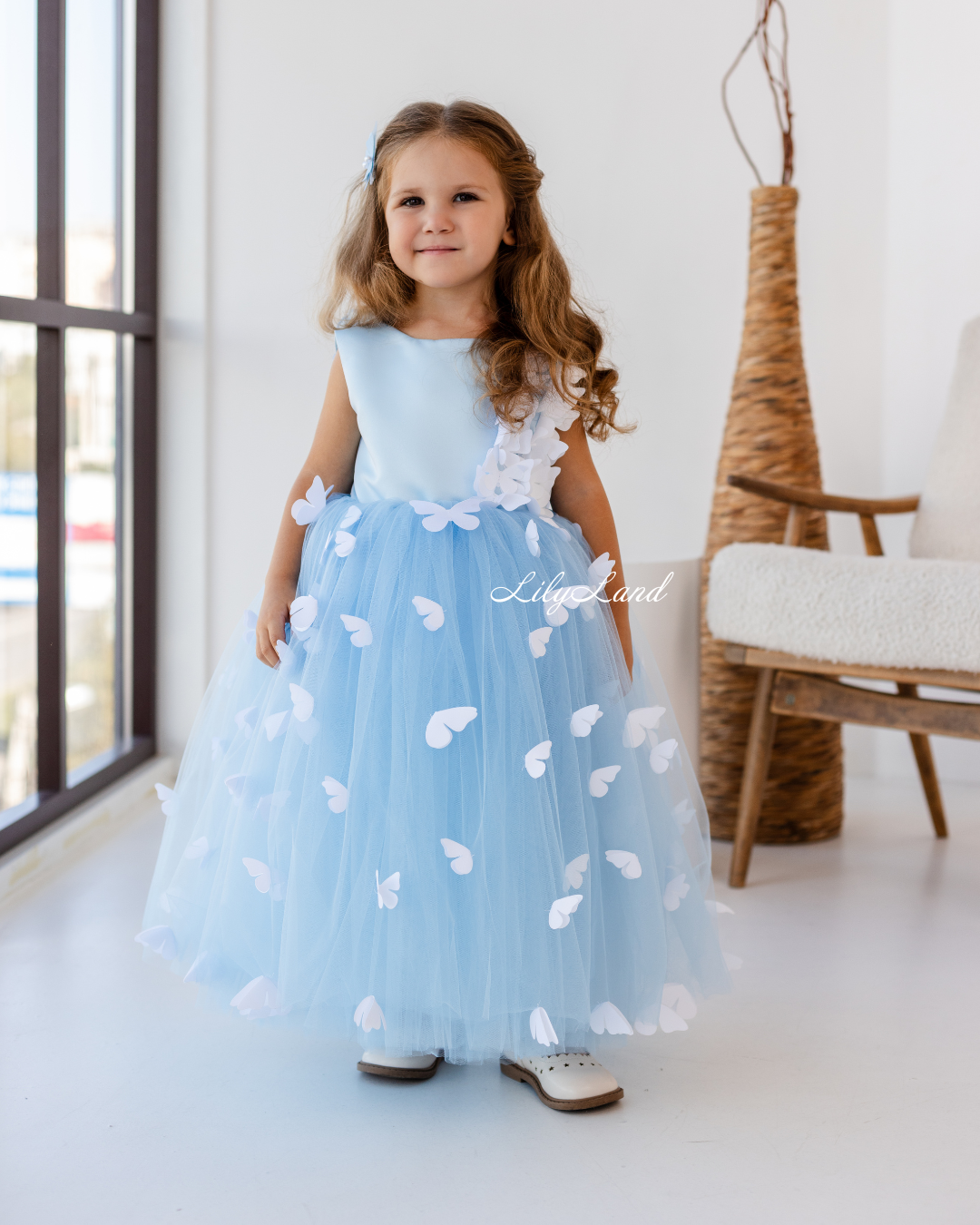 Fleur Girl Long Dress with Butterflies in Blue