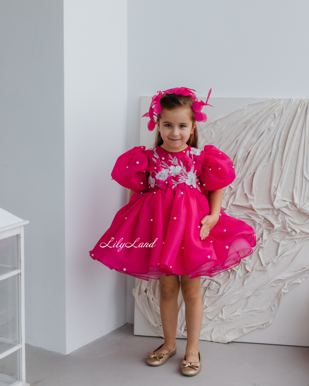 Mia Baby Girl Dress with Floral Appliqué in Raspberry