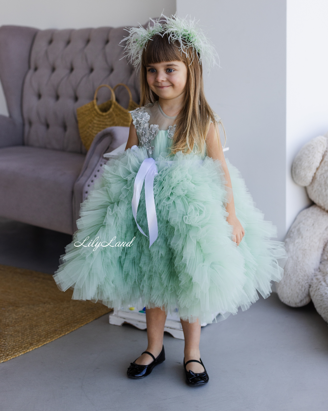 Lel Girl Ruffles Dress in Sage Green with Flower Lace