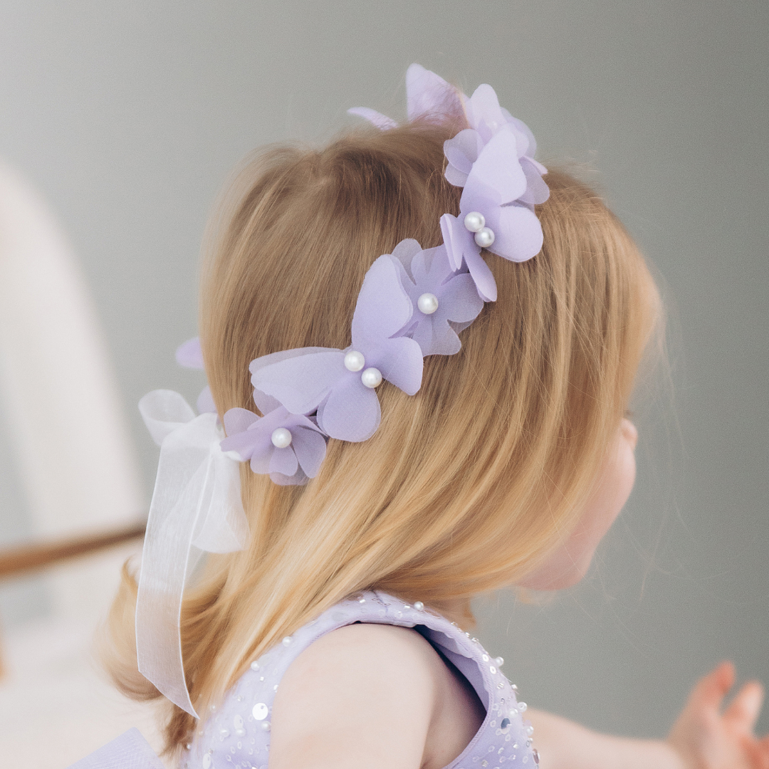 Girl Headband with Butterflies and Flowers in Blue