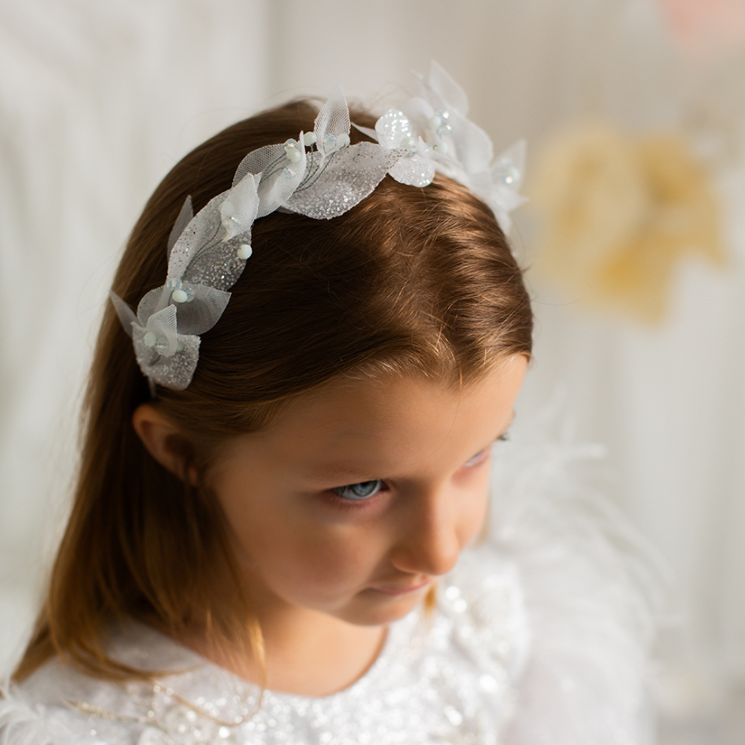 Girl Headpiece in Pink with Beads and Glitter Leaves