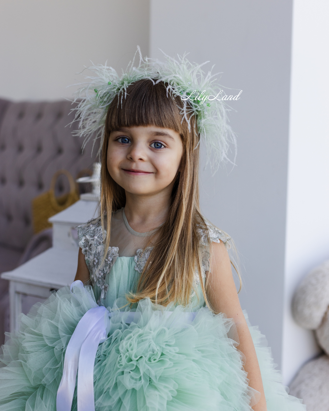 Lel Girl Ruffles Dress in Sage Green with Flower Lace