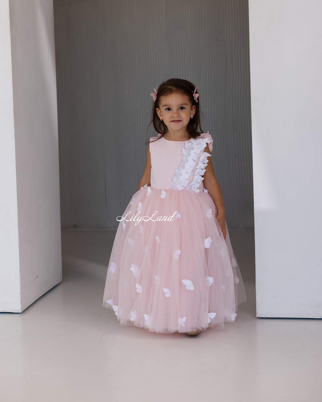 Fleur Girl Long Dress with Butterflies in Blush Pink