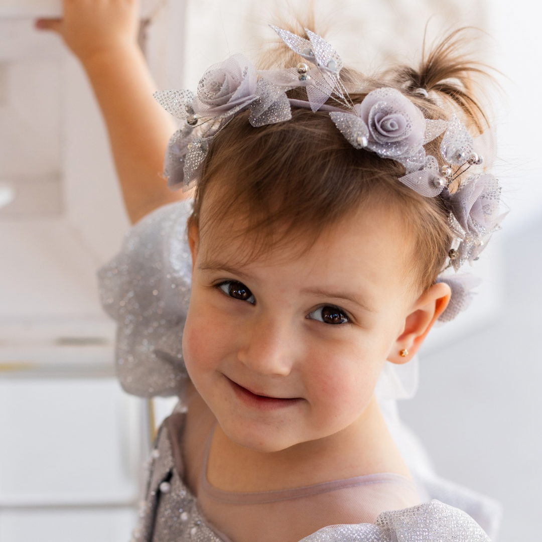 Girl Hair Accessories with Roses and Glitter Leaves in Yellow