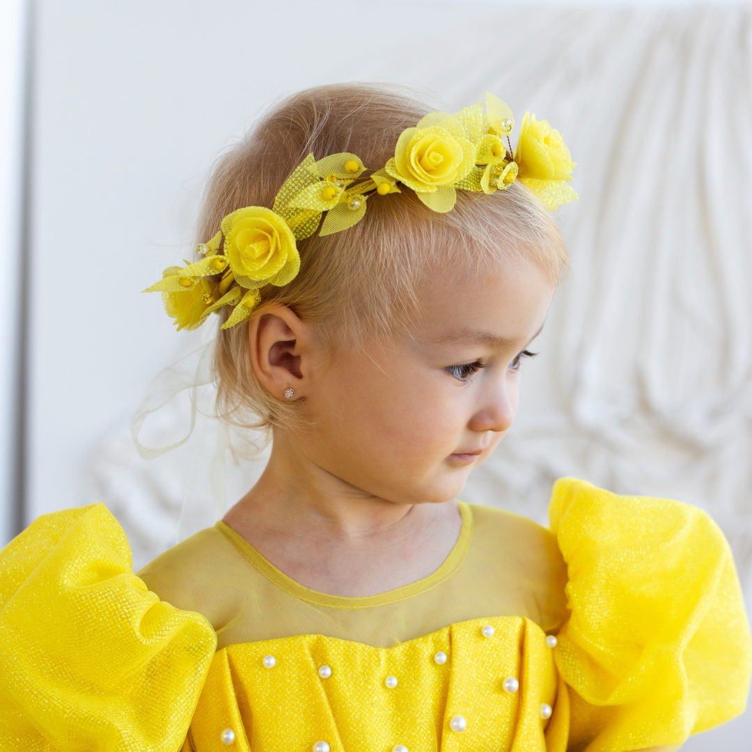 Girl Hair Accessories with Roses and Glitter Leaves in Yellow