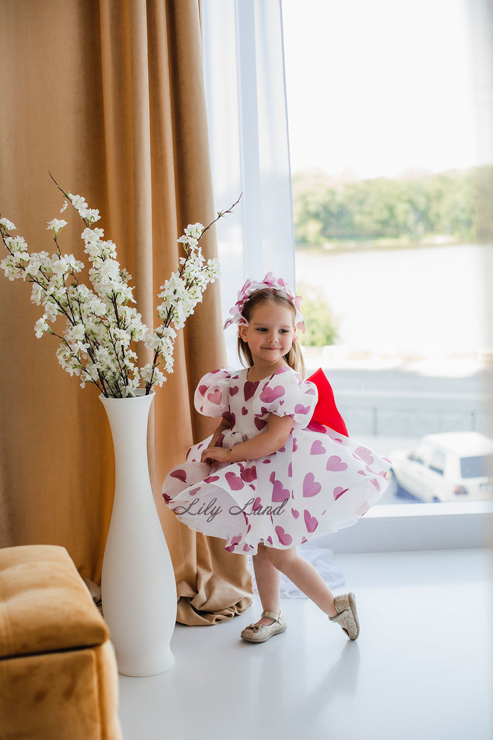 Lori Puffy Girl Dress with Red Hearts