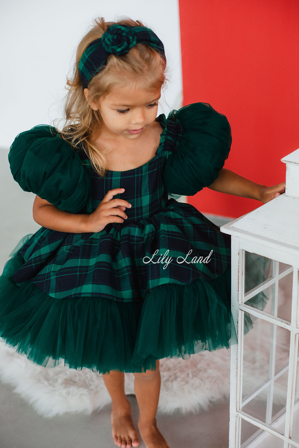 New Year Christmas Girl Dress With Puffed Tulle Sleeves in Red