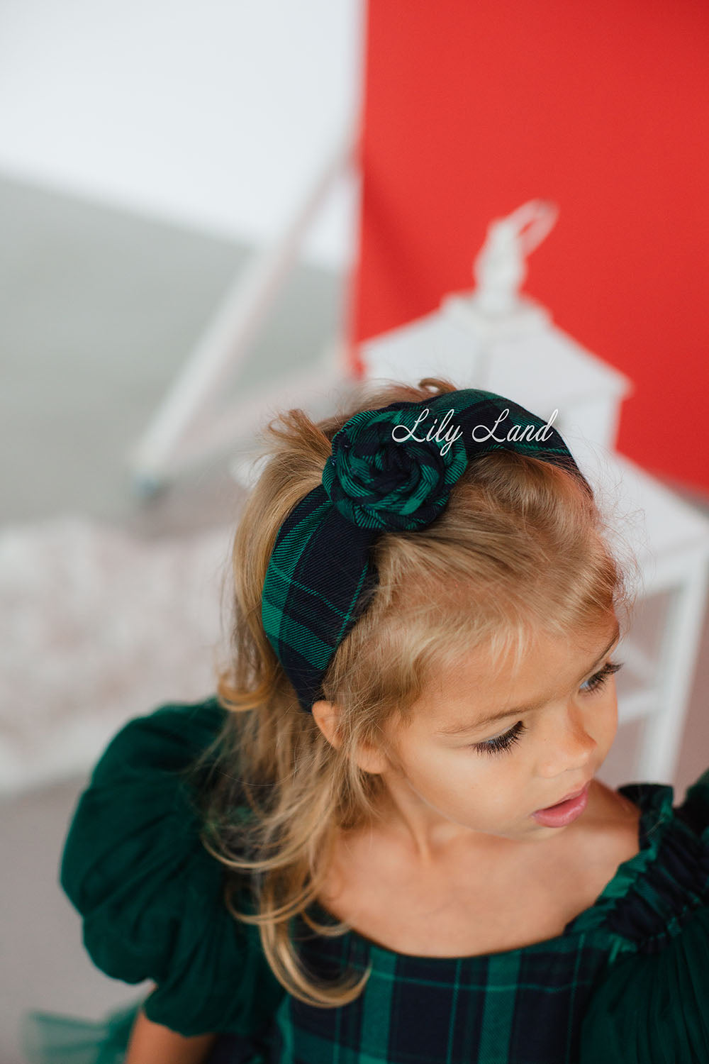 Tartan Plaid Christmas Girl Headband in Red with Rose