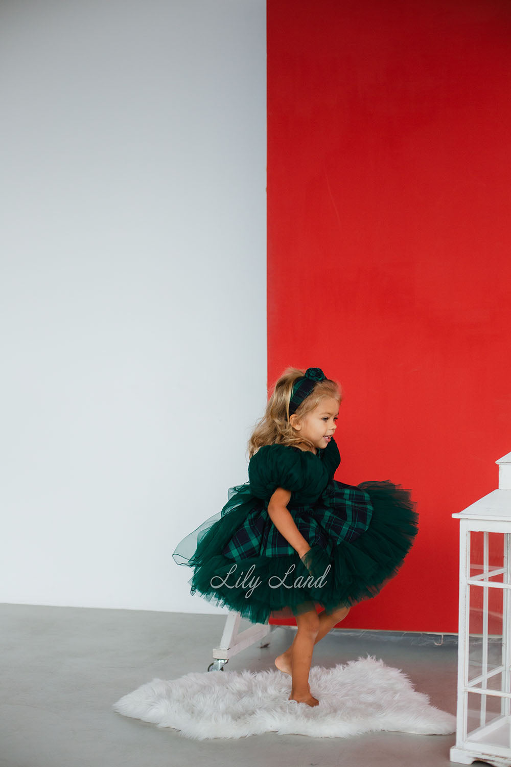 New Year Christmas Girl Dress With Puffed Tulle Sleeves in Emerald Green