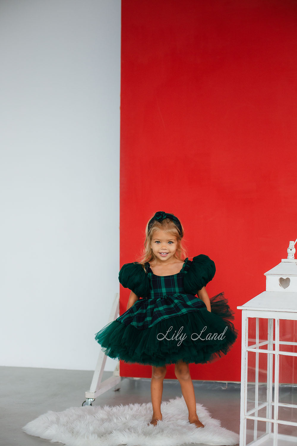 New Year Christmas Girl Dress With Puffed Tulle Sleeves in Red