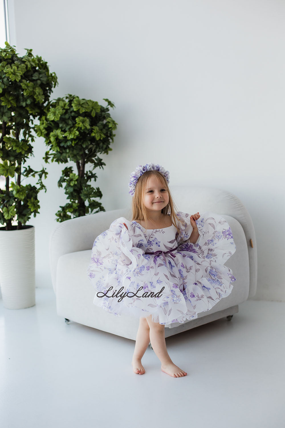 Marseille Puffy Girl Dress in White with Lavender Floral Print