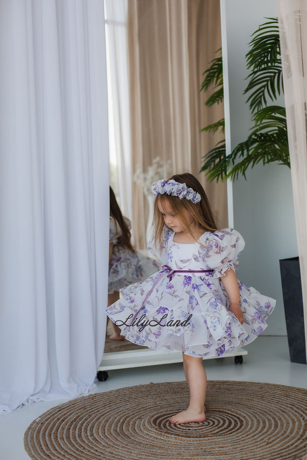 Marseille Puffy Girl Dress in White with Lavender Floral Print