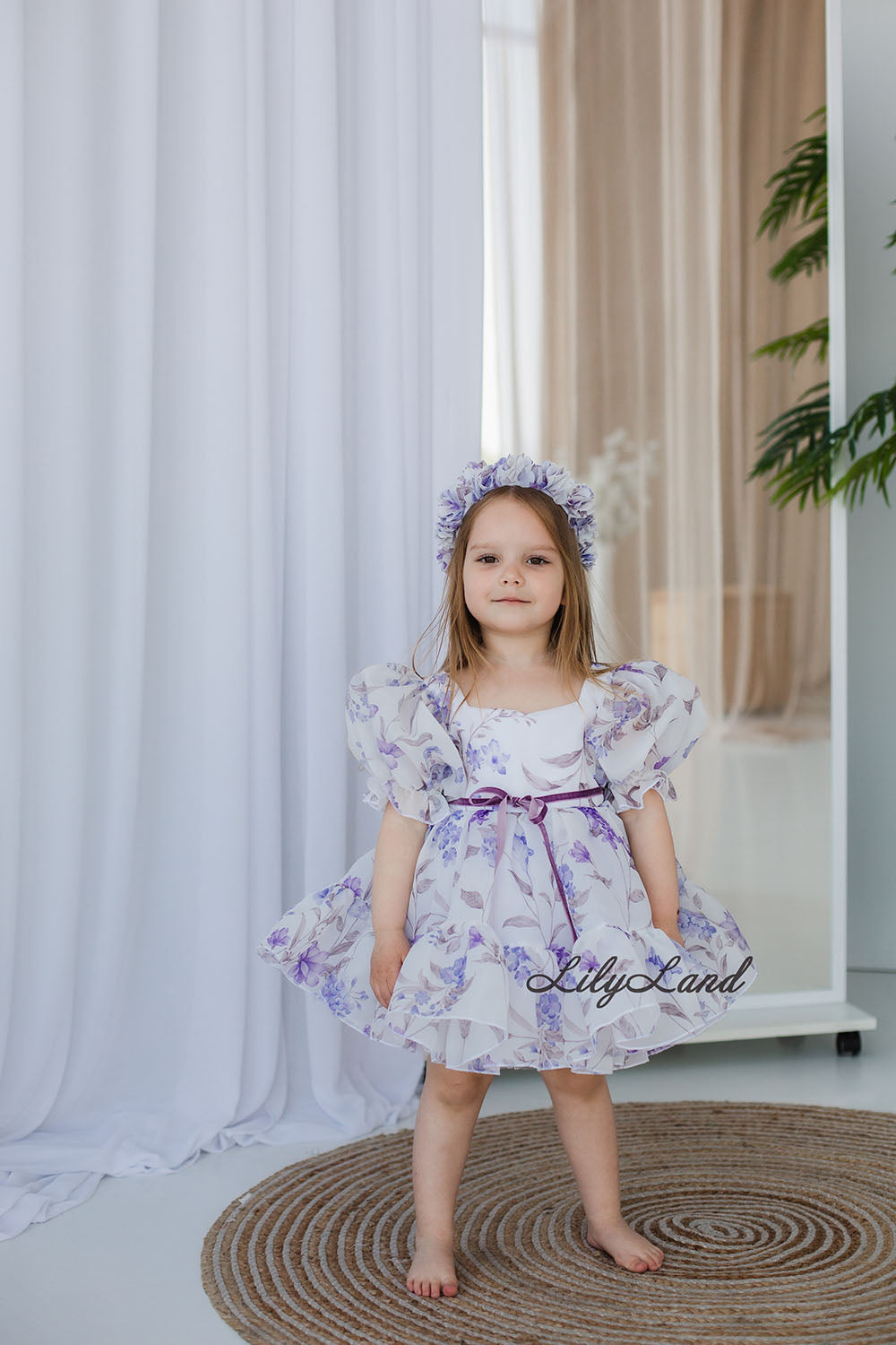 Marseille Puffy Girl Dress in White with Lavender Floral Print