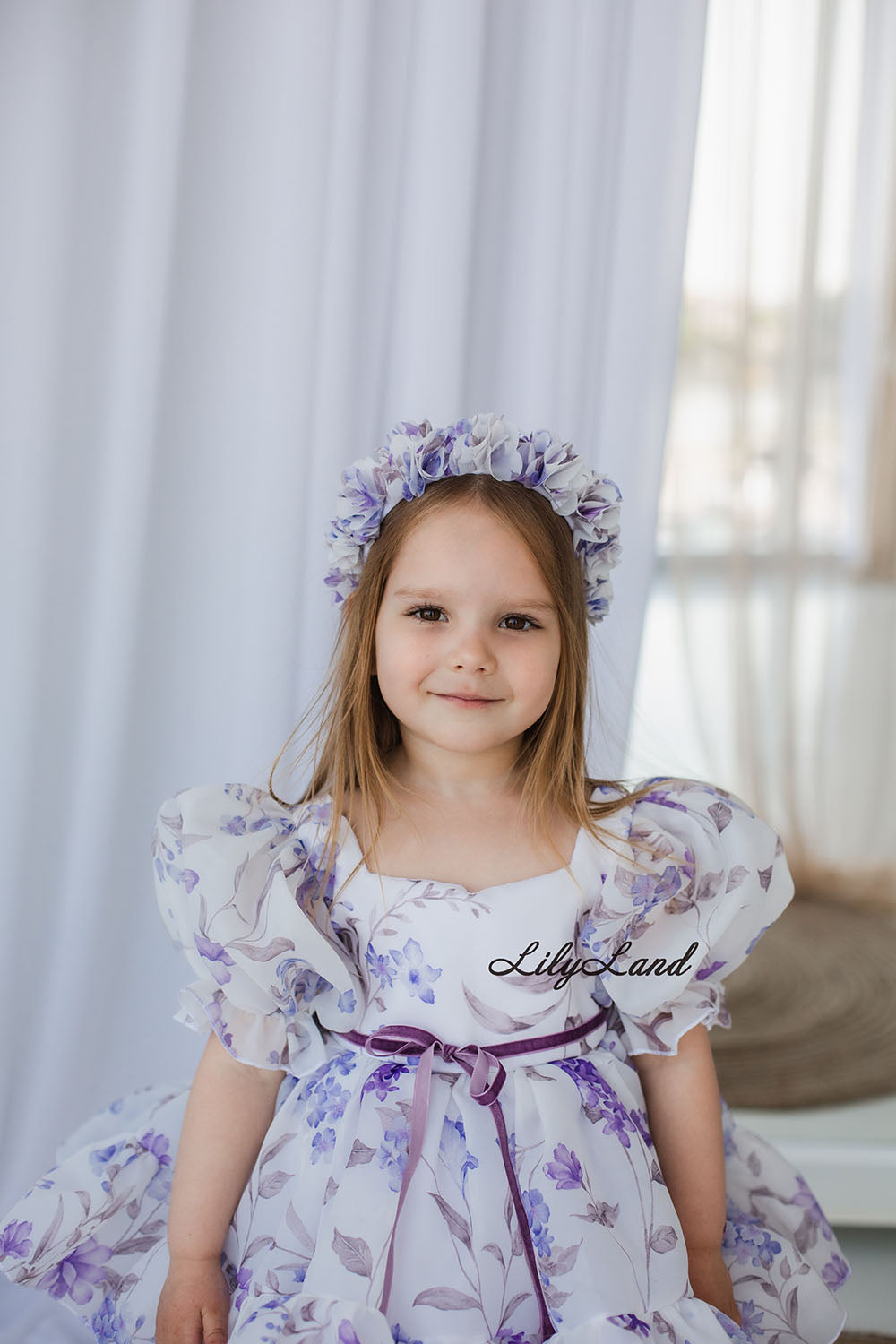 Marseille Puffy Girl Dress in White with Lavender Floral Print