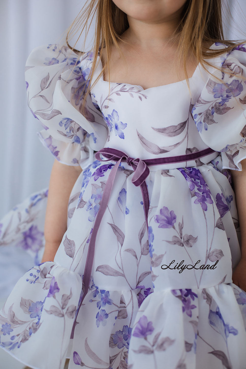 Marseille Puffy Girl Dress in White with Lavender Floral Print