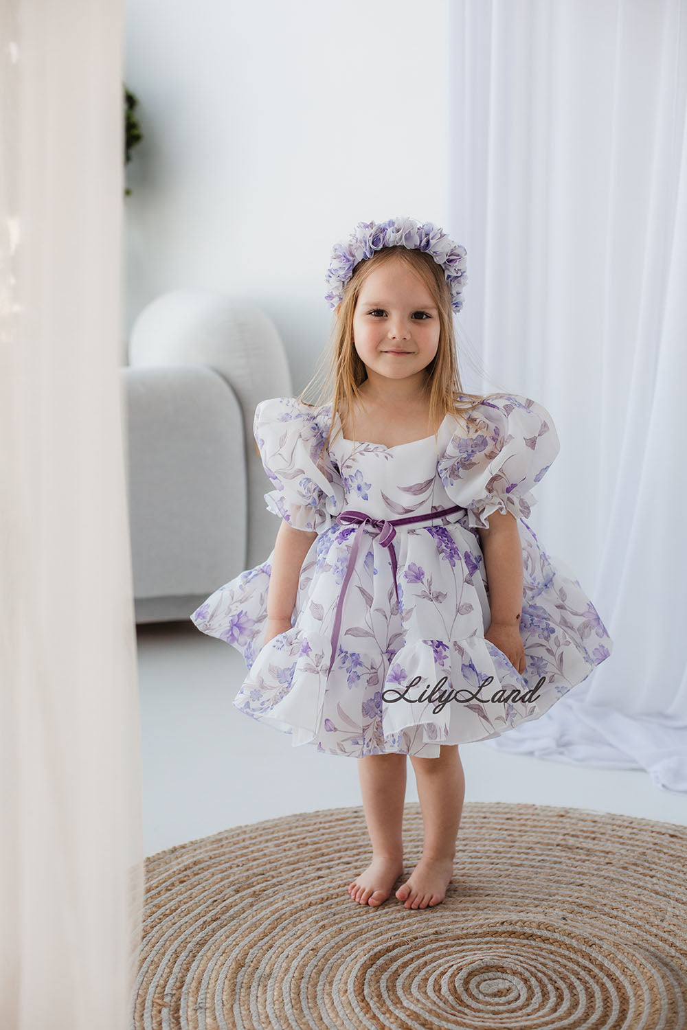 Marseille Puffy Girl Dress in White with Lavender Floral Print