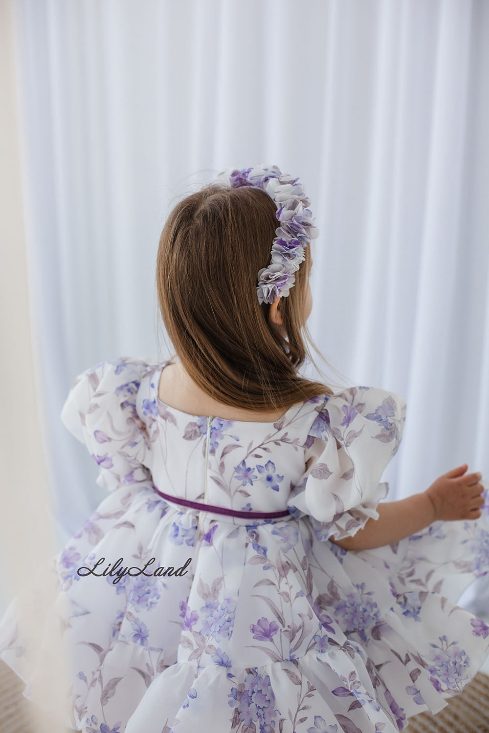 Marseille Puffy Girl Dress in White with Lavender Floral Print