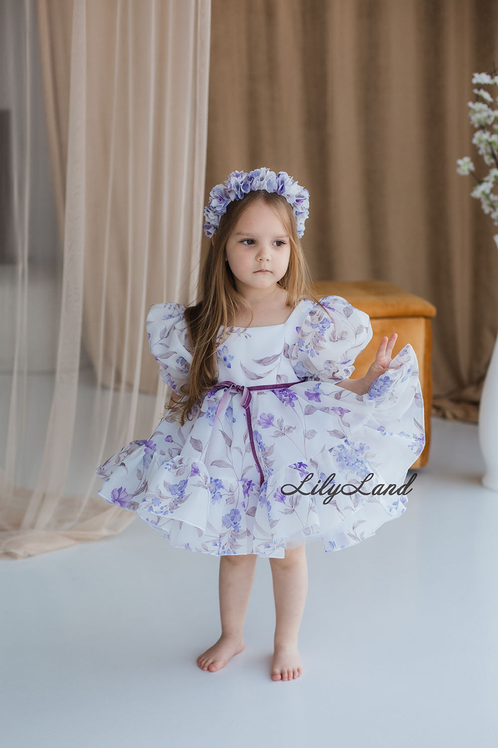 Marseille Puffy Girl Dress in White with Lavender Floral Print