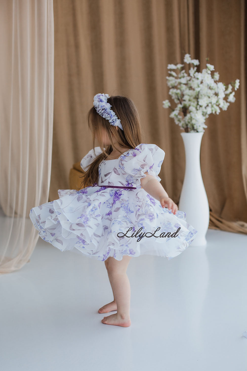 Marseille Puffy Girl Dress in White with Lavender Floral Print