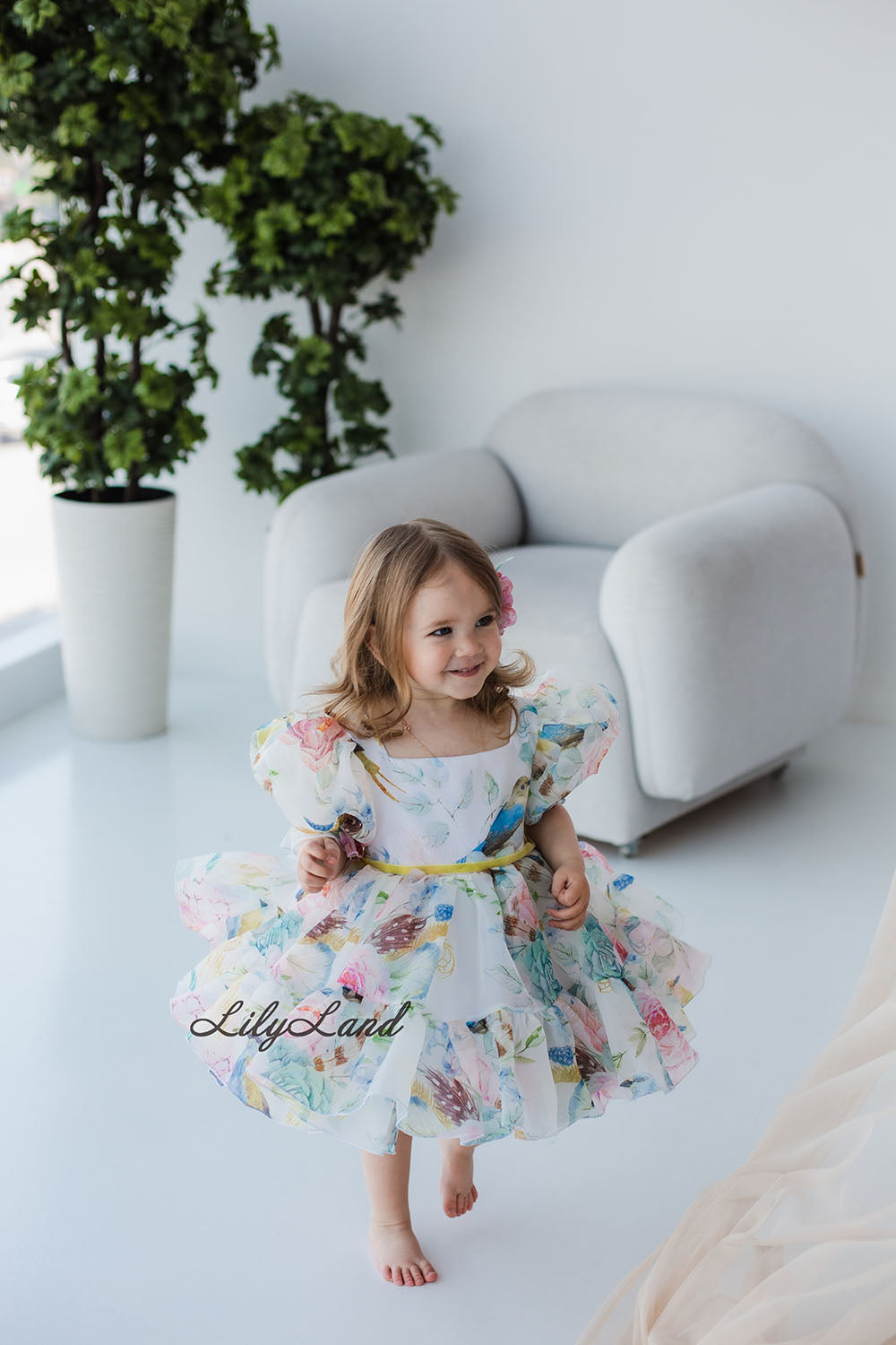 Marseille Puffy Girl Dress with Floral and Birds Print