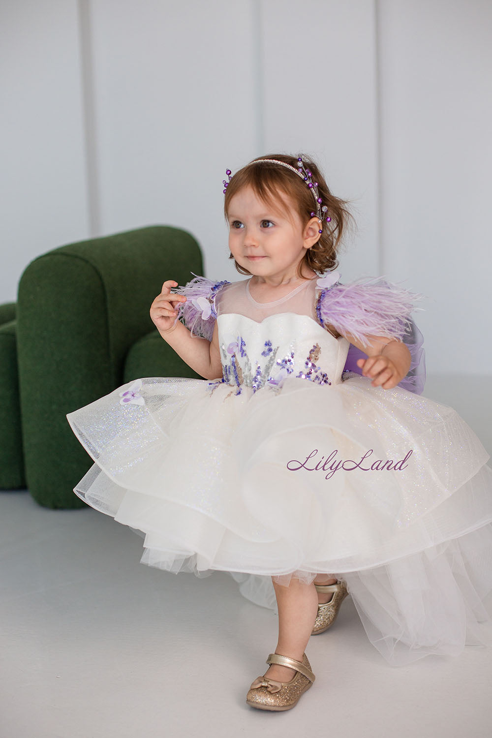 Daphne Sparkling Girl Dress in White and Lavender