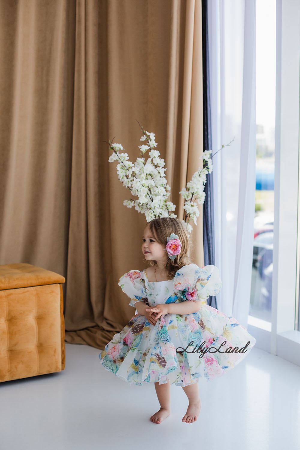 Marseille Puffy Girl Dress with Floral and Birds Print