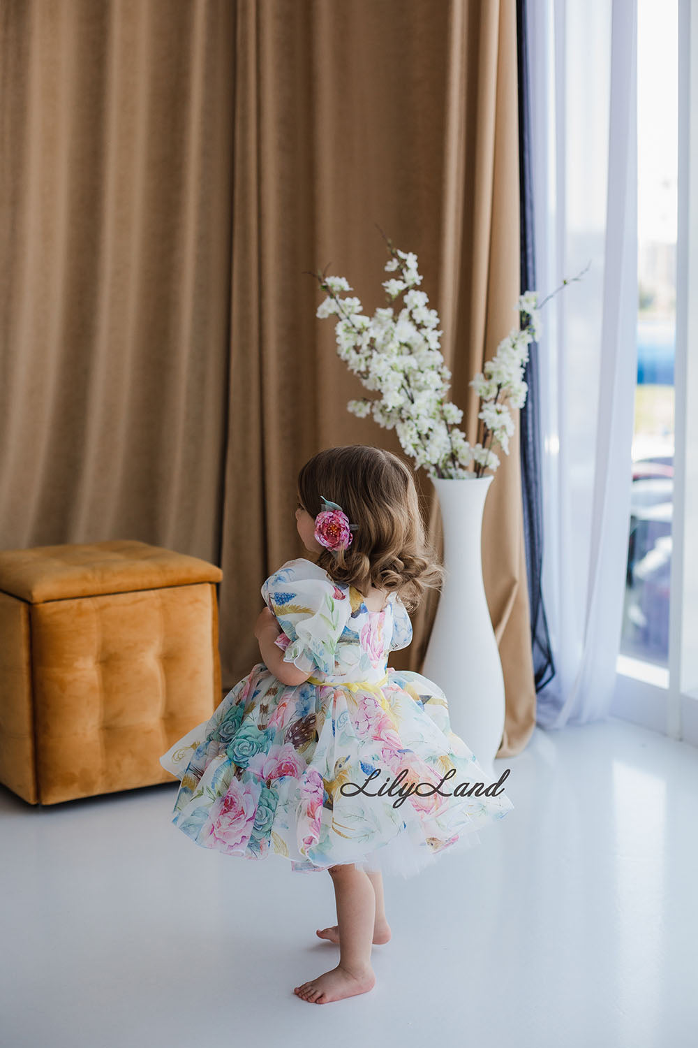 Marseille Puffy Girl Dress with Floral and Birds Print