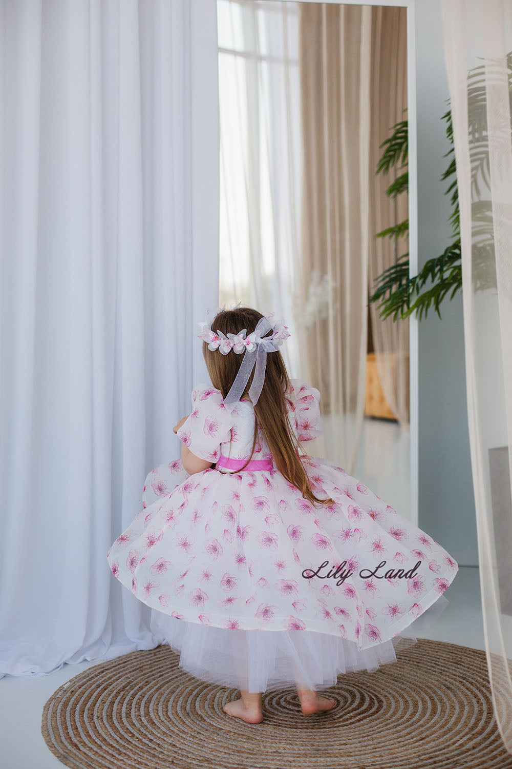 Liana Asymmetrical Girl Dress in White With Pink Floral Print