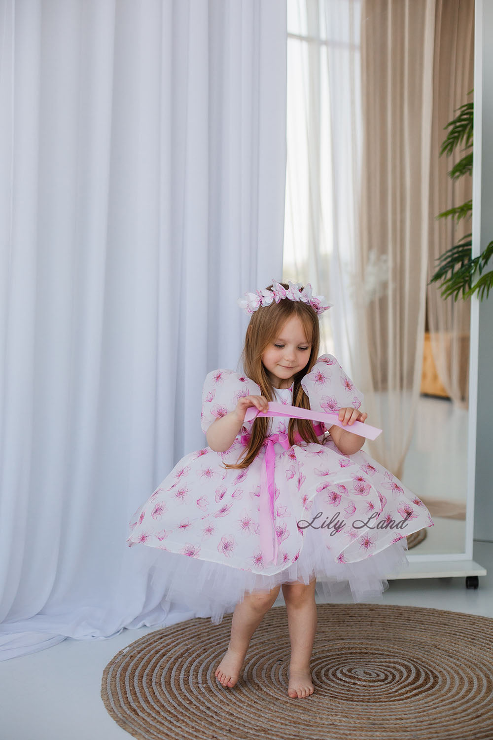 Liana Asymmetrical Girl Dress in White With Pink Floral Print