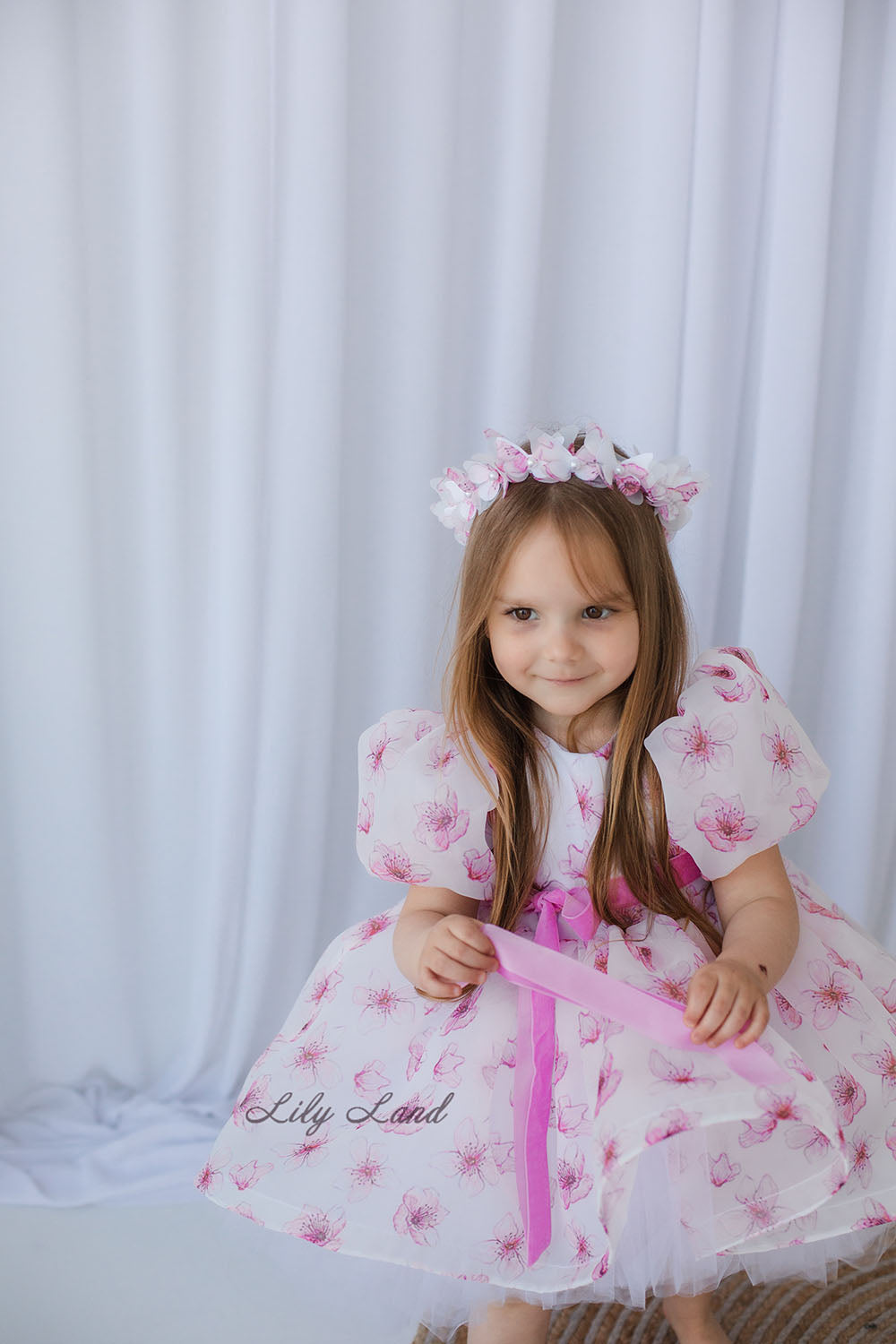 Liana Asymmetrical Girl Dress in White With Pink Floral Print