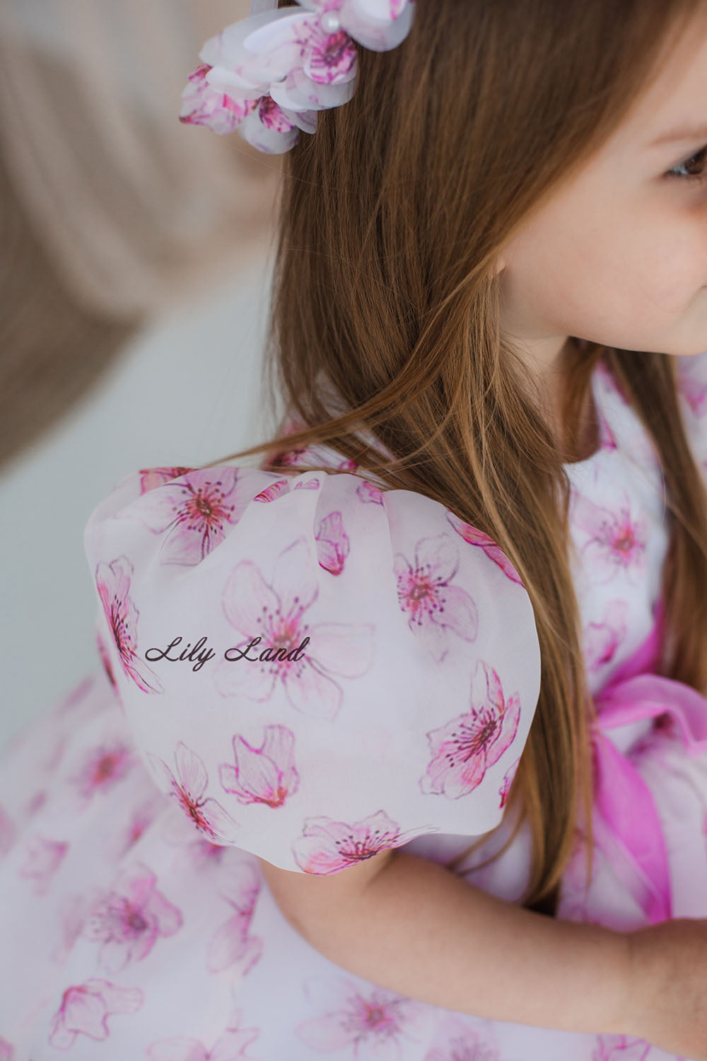 Liana Asymmetrical Girl Dress in White With Pink Floral Print