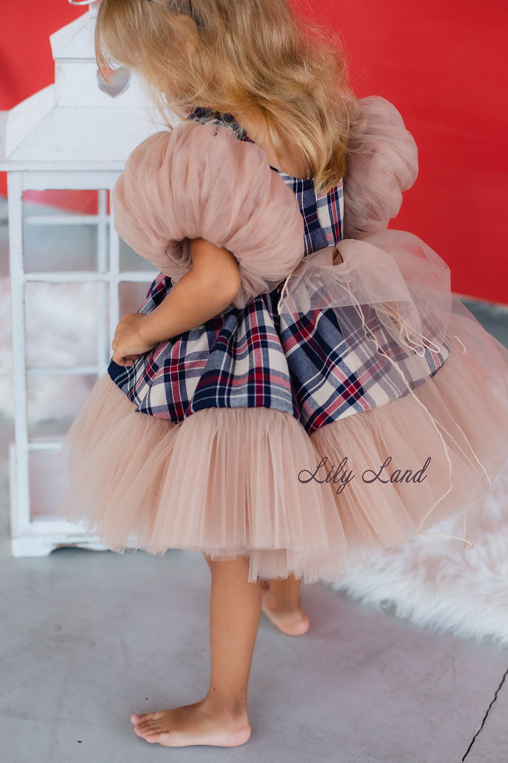 New Year Christmas Girl Dress With Puffed Tulle Sleeves in Beige